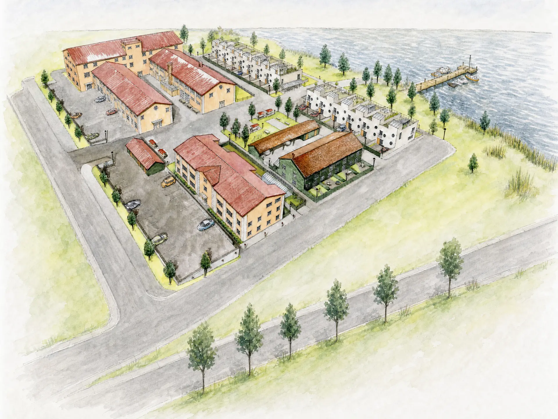 Akvarell av planområdet vid Mälaren med befintligt hus, nya byggnader, radhus och brygga